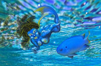 Mermaid Blues Mermaid approaching a blue chromis damoselle fish.