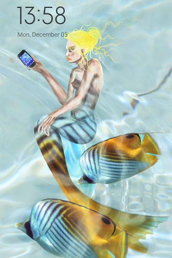 Mermaid Calling Mermaid with a smartphone somebody dropped